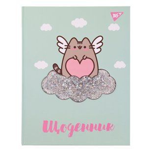 Щоденник шкільний YES жорсткий "Pusheen" софт-тач, об'ємній бейдж з глітером