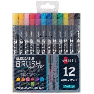 Набор маркеров акварельных SANTI Brush Marker 12 шт/уп двусторонние