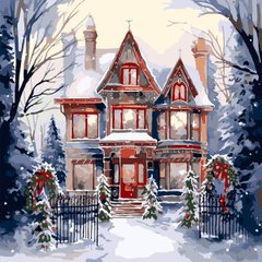 Картина по номерам SANTI Дом в зимнем лесу 40х40