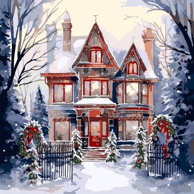Картина по номерам SANTI Дом в зимнем лесу 40х40